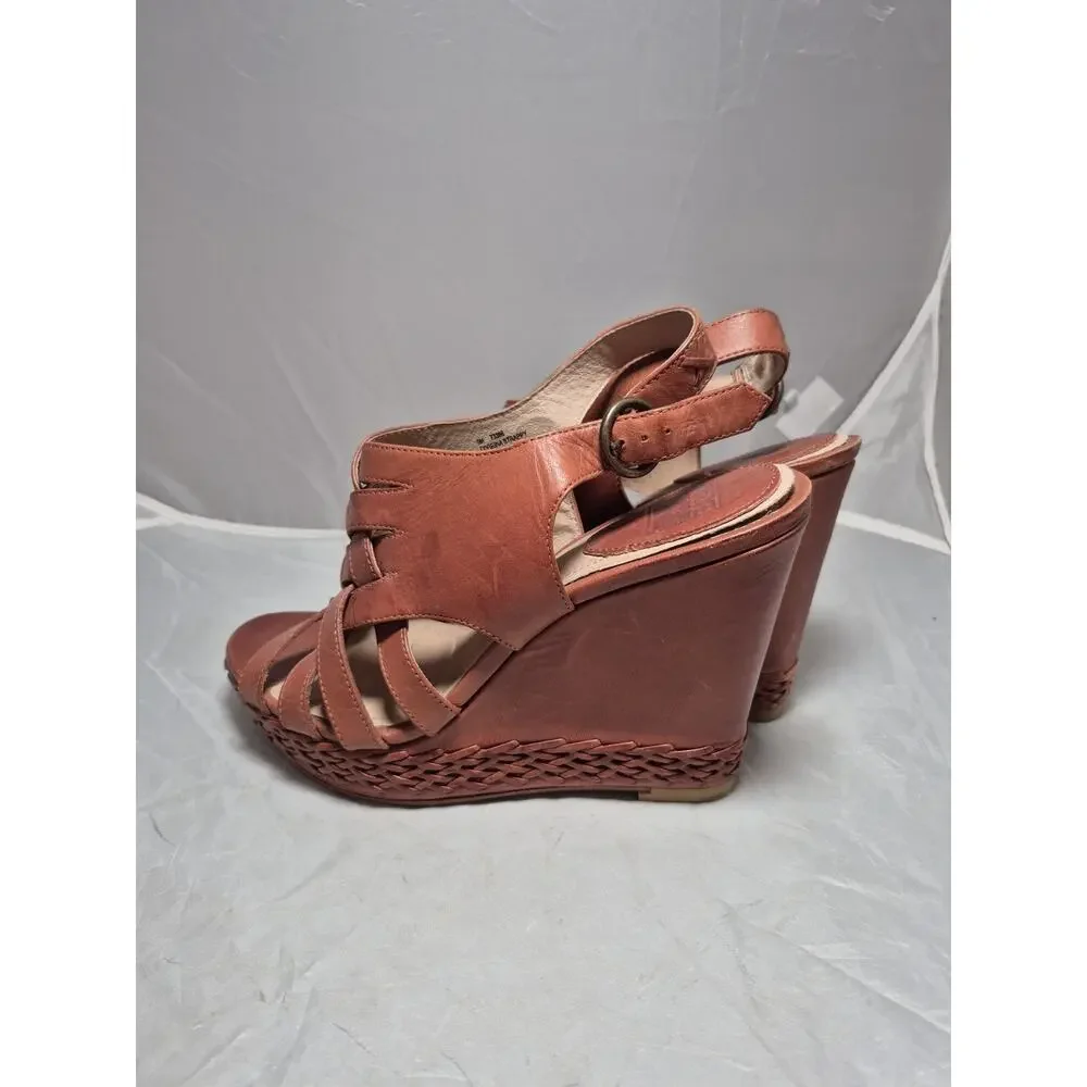 💥 Frye Corrina Women's Strappy Brown Leather Platform Wedge Sandal Size 9